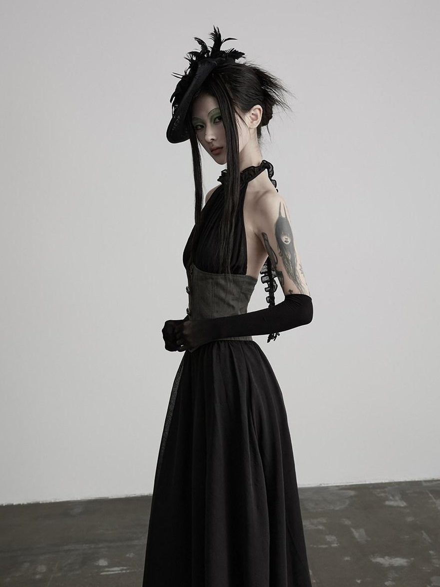 INDULGE Soft Casual A Line Patchwork Cinched Waist Ladies Black Halter Maxi Dresses
