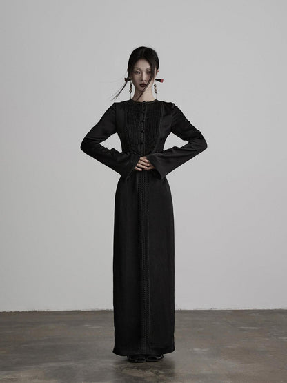 INDULGE Soft Comfortable Refined Pleated Waist Long Sleeve Black Casual Maxi Dresses