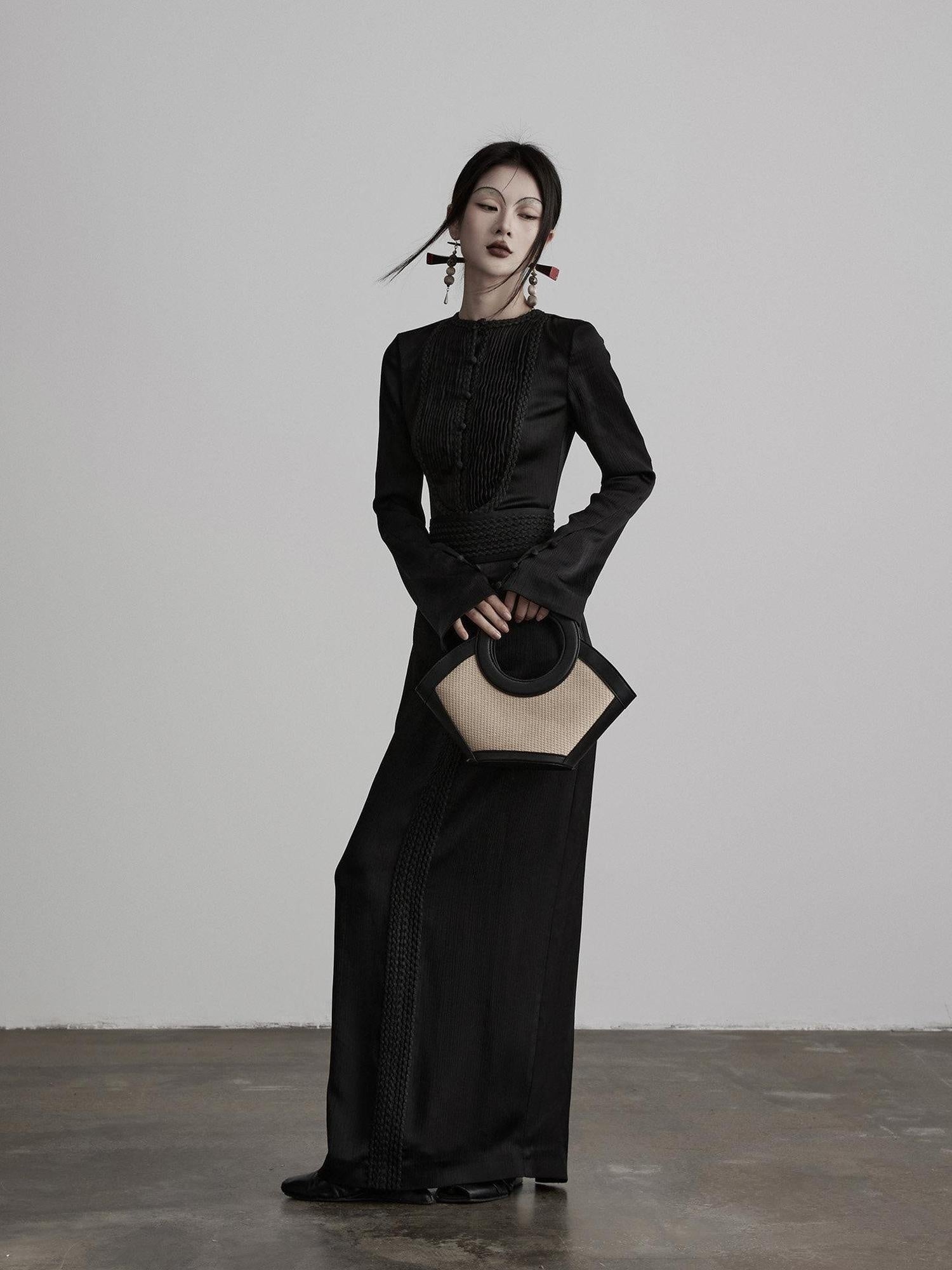 INDULGE Soft Comfortable Refined Pleated Waist Long Sleeve Black Casual Maxi Dresses