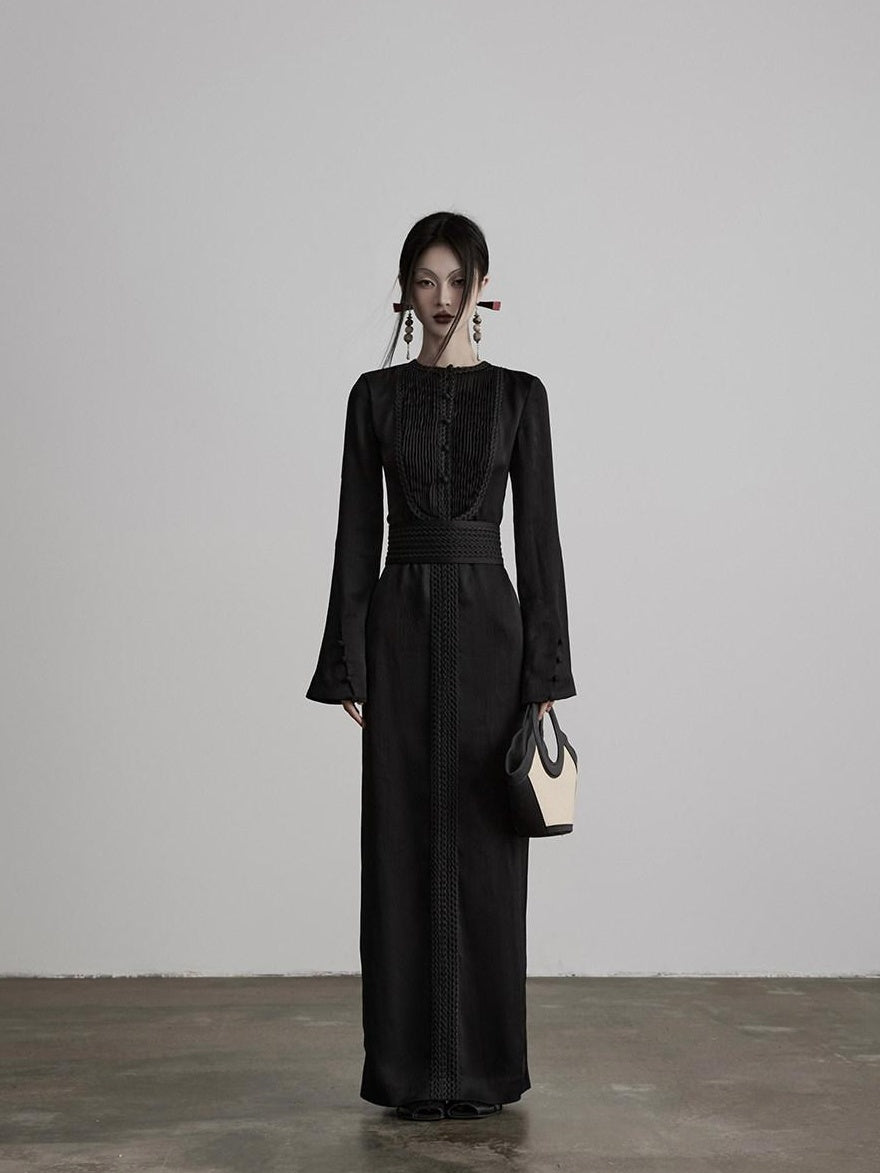 INDULGE Soft Comfortable Refined Pleated Waist Long Sleeve Black Casual Maxi Dresses
