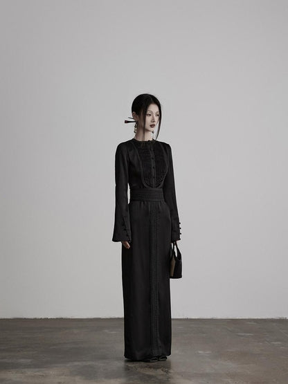 INDULGE Soft Comfortable Refined Pleated Waist Long Sleeve Black Casual Maxi Dresses