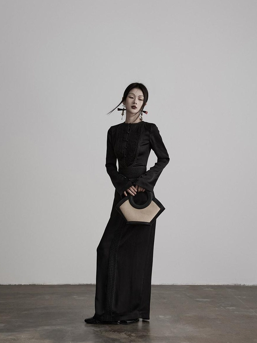 INDULGE Soft Comfortable Refined Pleated Waist Long Sleeve Black Casual Maxi Dresses