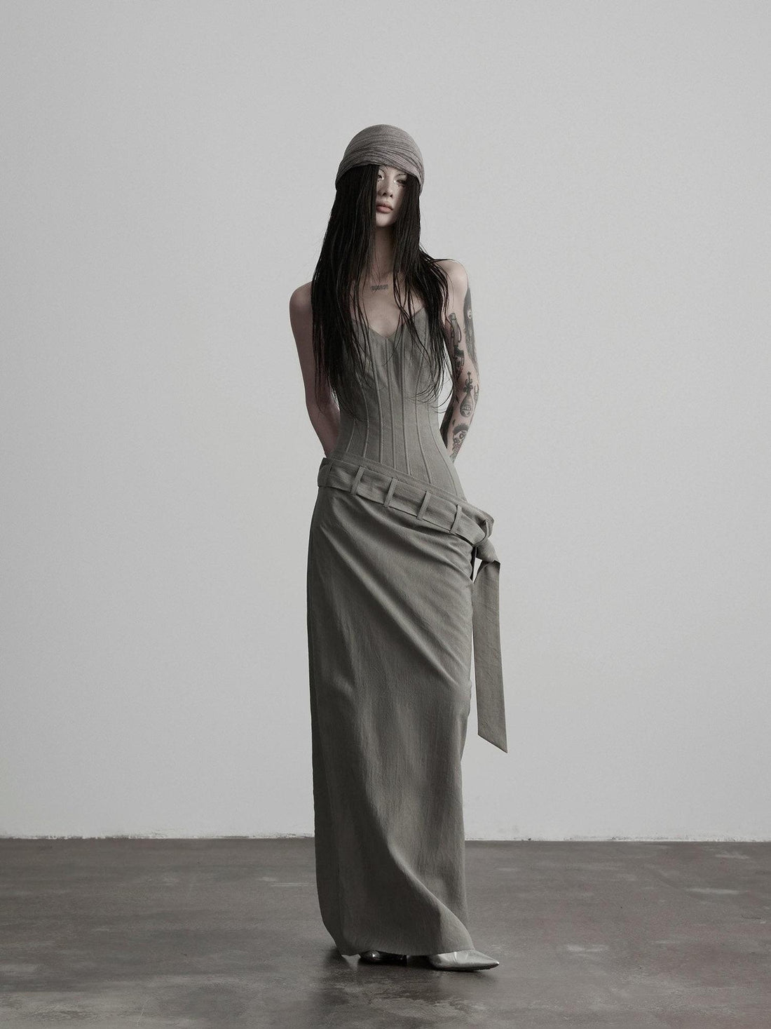 INDULGE Soft Comfy Post Apocalyptic Patchwork Cinch Waist Gray Bodycon Maxi Dresses
