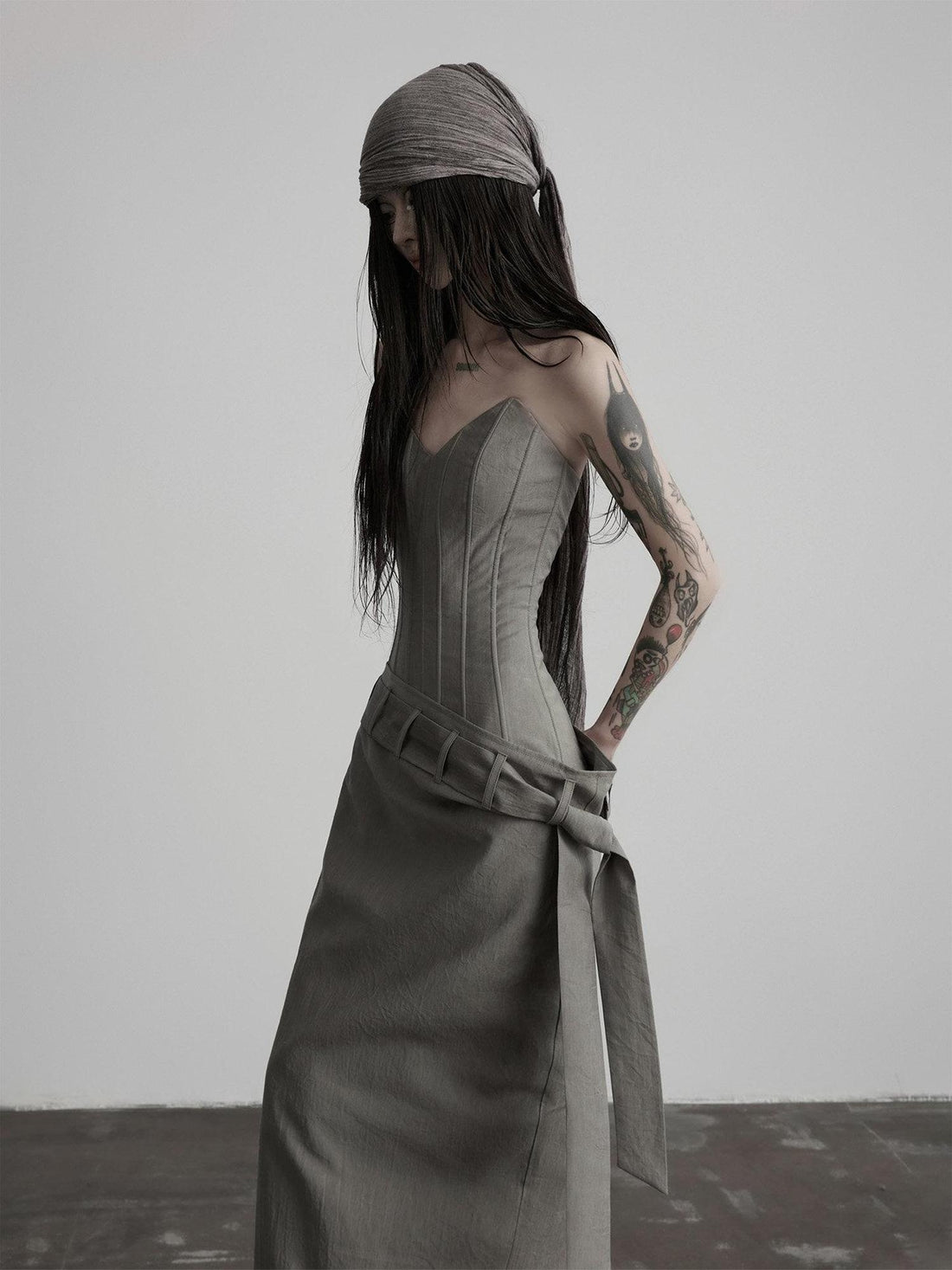 INDULGE Soft Comfy Post Apocalyptic Patchwork Cinch Waist Gray Bodycon Maxi Dresses