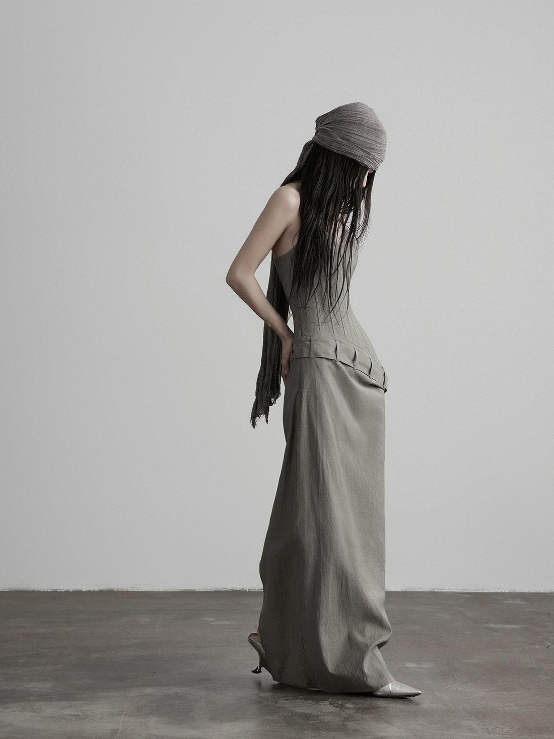 INDULGE Soft Comfy Post Apocalyptic Patchwork Cinch Waist Gray Bodycon Maxi Dresses
