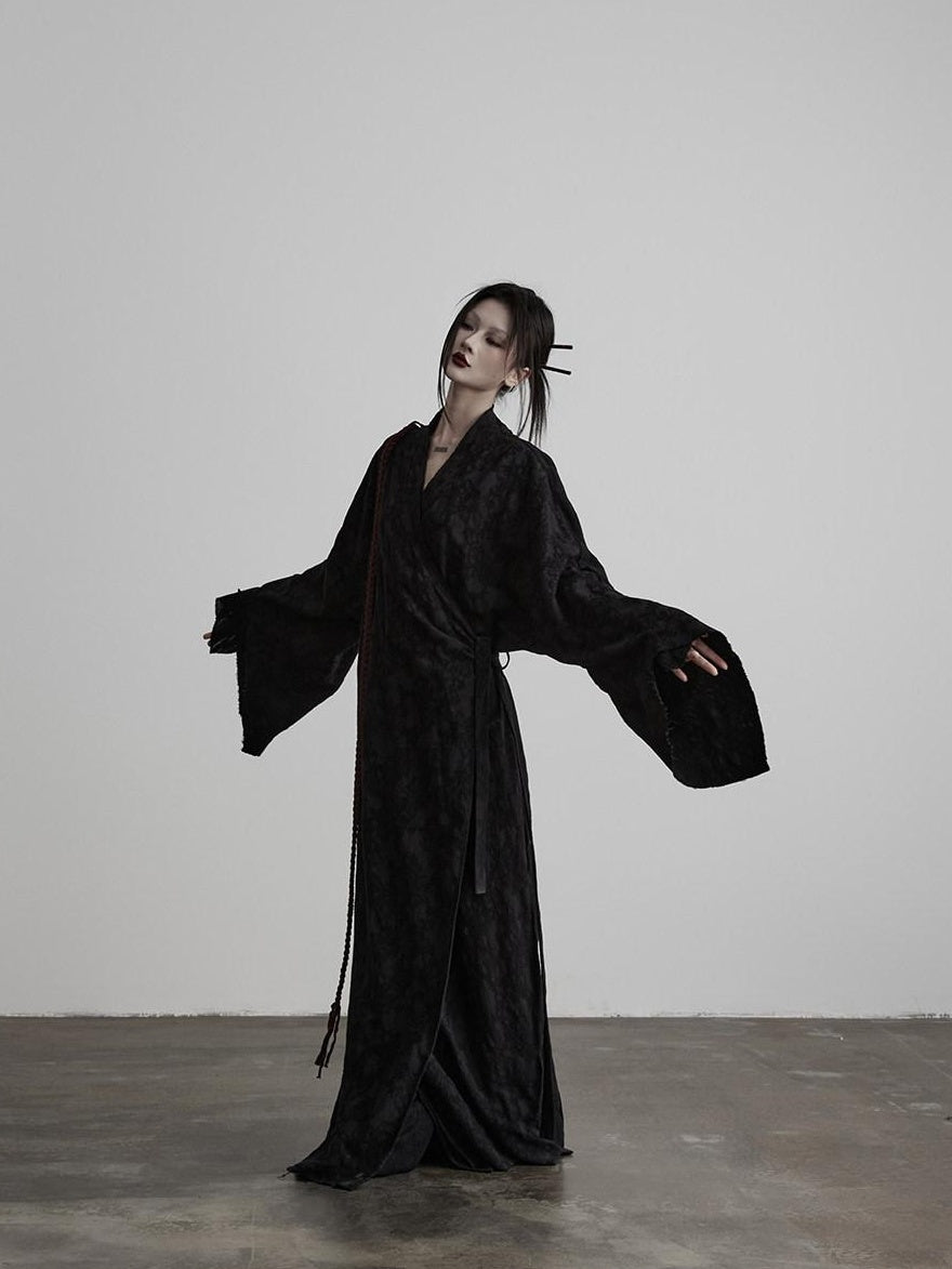 INDULGE Soft Cotton Linen Long Sleeve Tie Back V-neck Black Women Beach Maxi Dresses