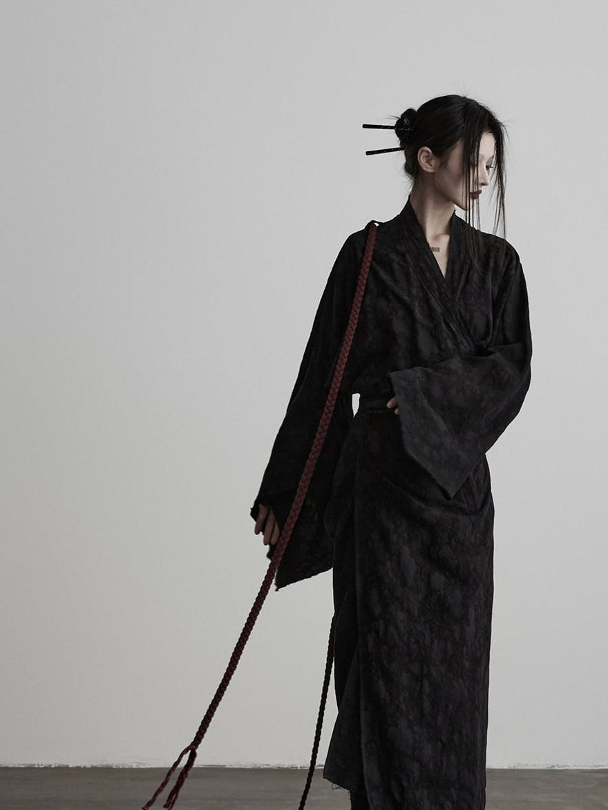 INDULGE Soft Cotton Linen Long Sleeve Tie Back V-neck Black Women Beach Maxi Dresses