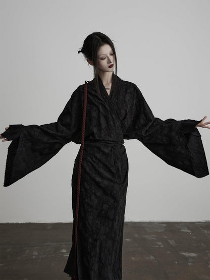 INDULGE Soft Cotton Linen Long Sleeve Tie Back V-neck Black Women Beach Maxi Dresses
