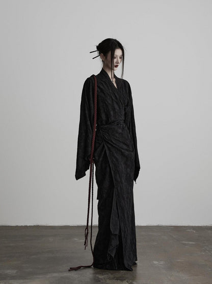 INDULGE Soft Cotton Linen Long Sleeve Tie Back V-neck Black Women Beach Maxi Dresses