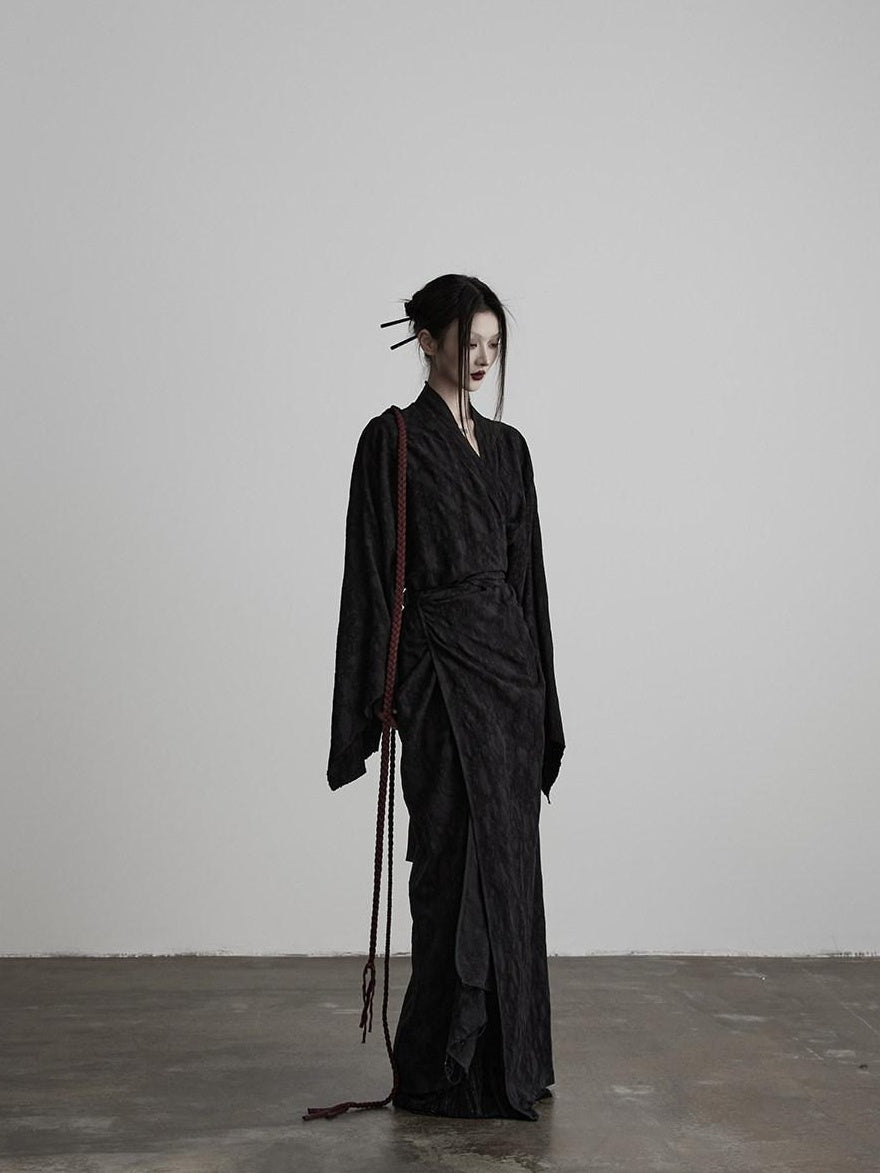 INDULGE Soft Cotton Linen Long Sleeve Tie Back V-neck Black Women Beach Maxi Dresses