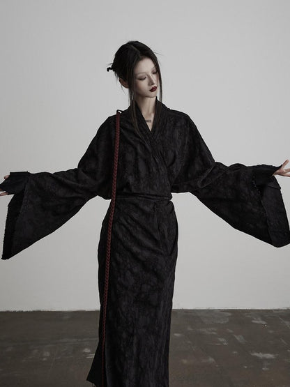 INDULGE Soft Cotton Linen Long Sleeve Tie Back V-neck Black Women Beach Maxi Dresses