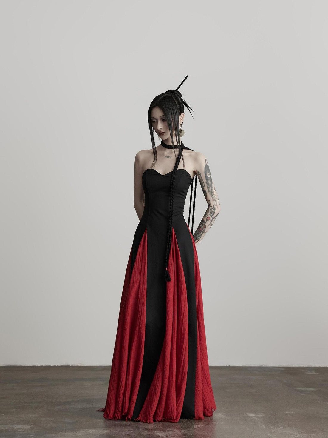 INDULGE Soft Gothic Patchwork A Line Black Women Strapless Maxi Dresses