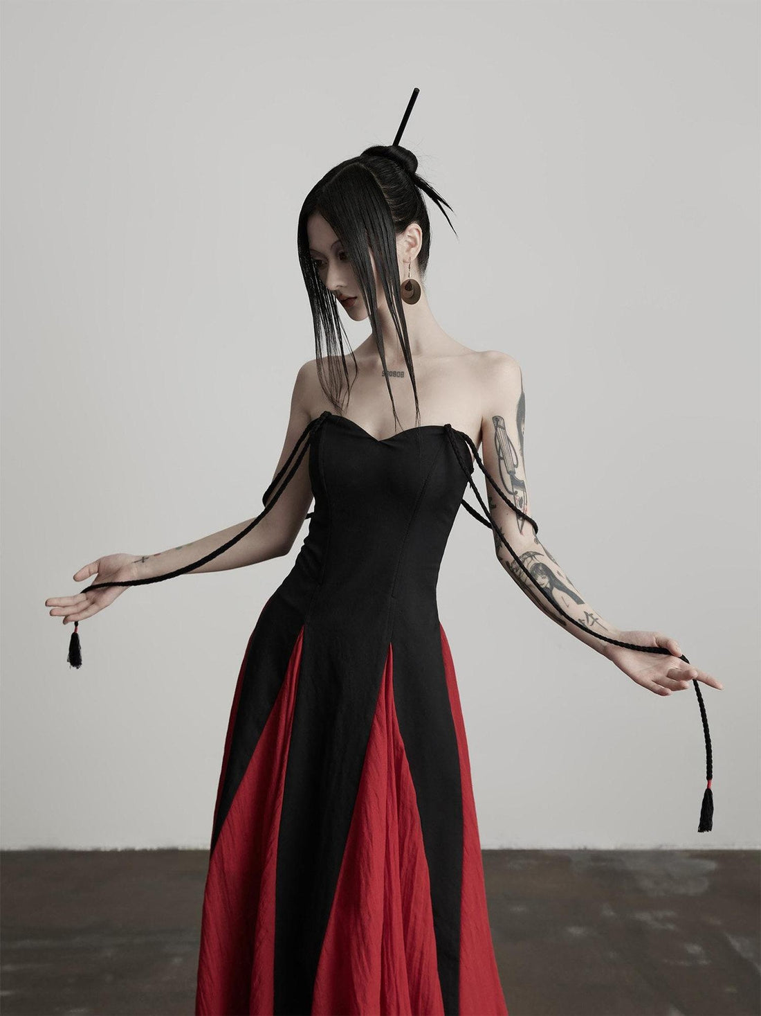 INDULGE Soft Gothic Patchwork A Line Black Women Strapless Maxi Dresses