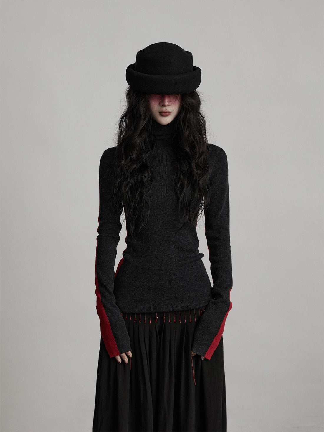 INDULGE Soft Knit High Neck Casual Regular Women Solid Black Red Long Sleeve T-Shirts