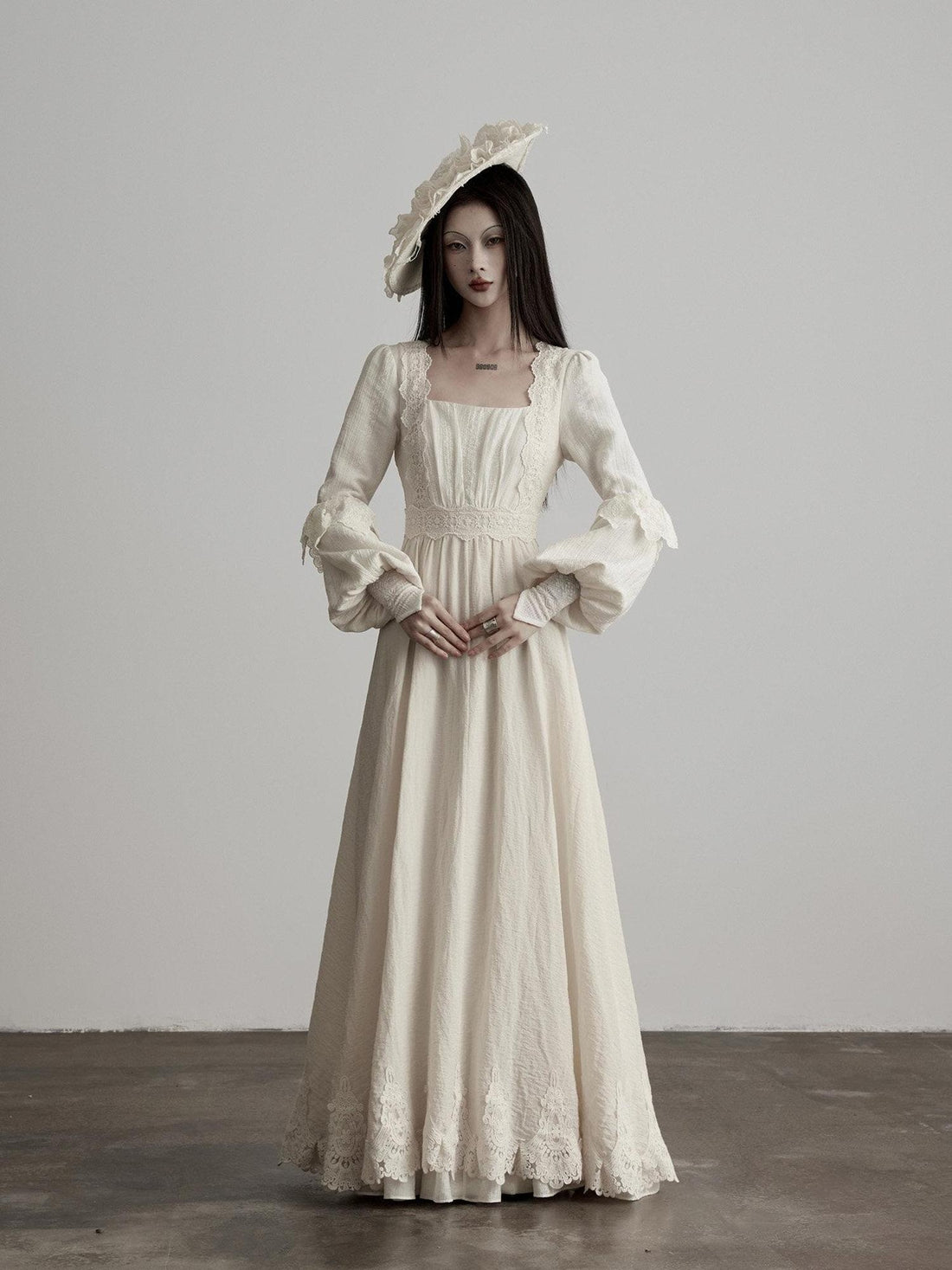 INDULGE Soft Lyocell Lace Cinched Waist Puff Sleeve Square Neck Shirt Maxi Dresses