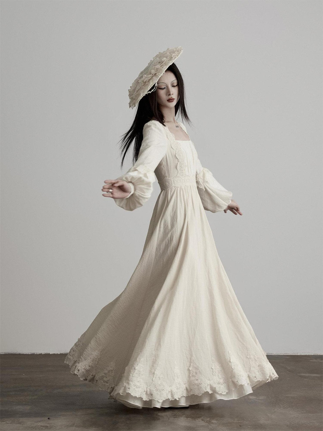 INDULGE Soft Lyocell Lace Cinched Waist Puff Sleeve Square Neck Shirt Maxi Dresses