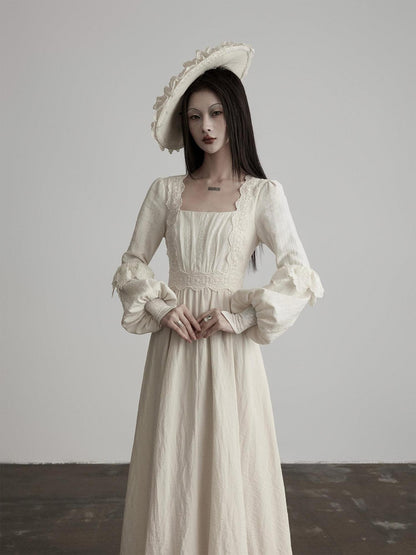 INDULGE Soft Lyocell Lace Cinched Waist Puff Sleeve Square Neck Shirt Maxi Dresses
