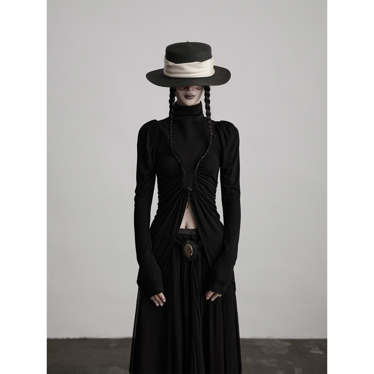 INDULGE Soft Modal Slim Asymmetric High Neck Princess Sleeve Black Long Sleeve T-Shirts