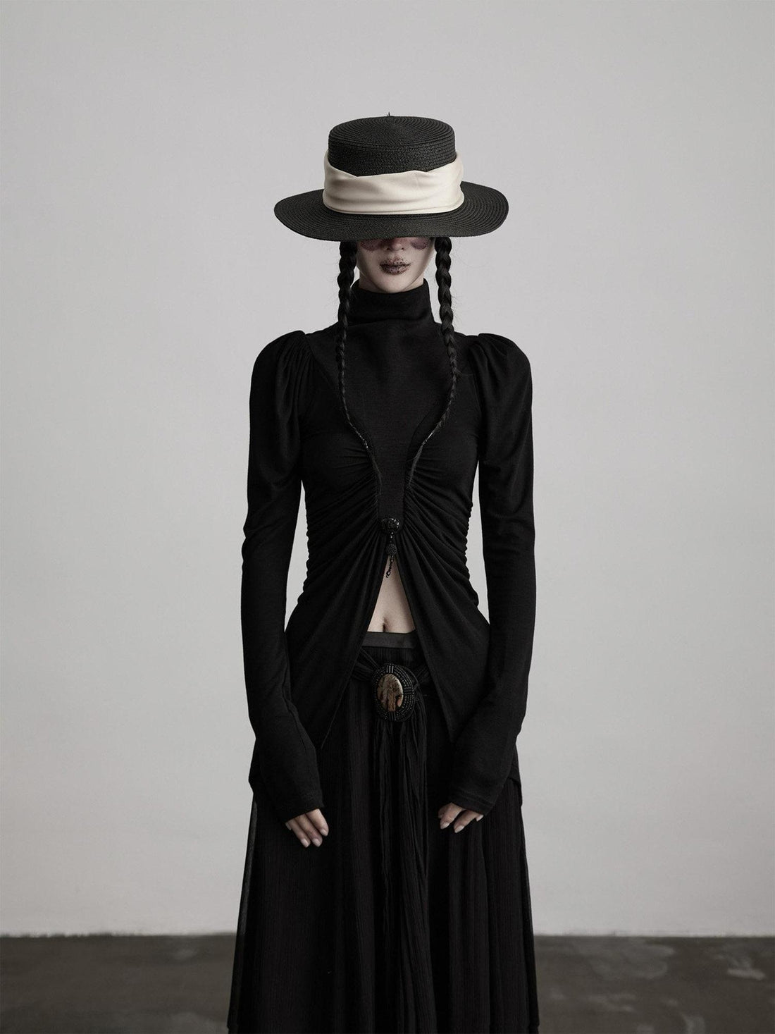 INDULGE Soft Modal Slim Asymmetric High Neck Princess Sleeve Black Long Sleeve T-Shirts