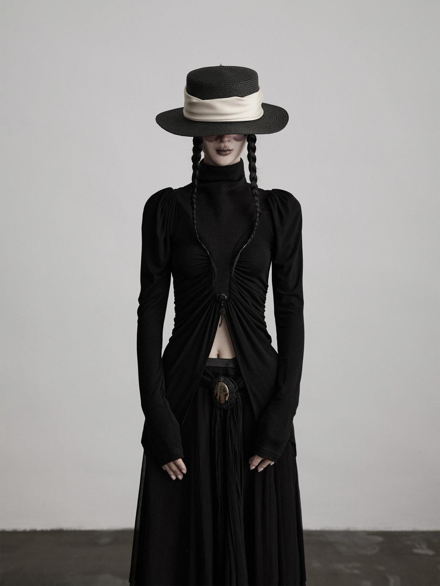 INDULGE Soft Modal Slim Asymmetric High Neck Princess Sleeve Black Long Sleeve T-Shirts