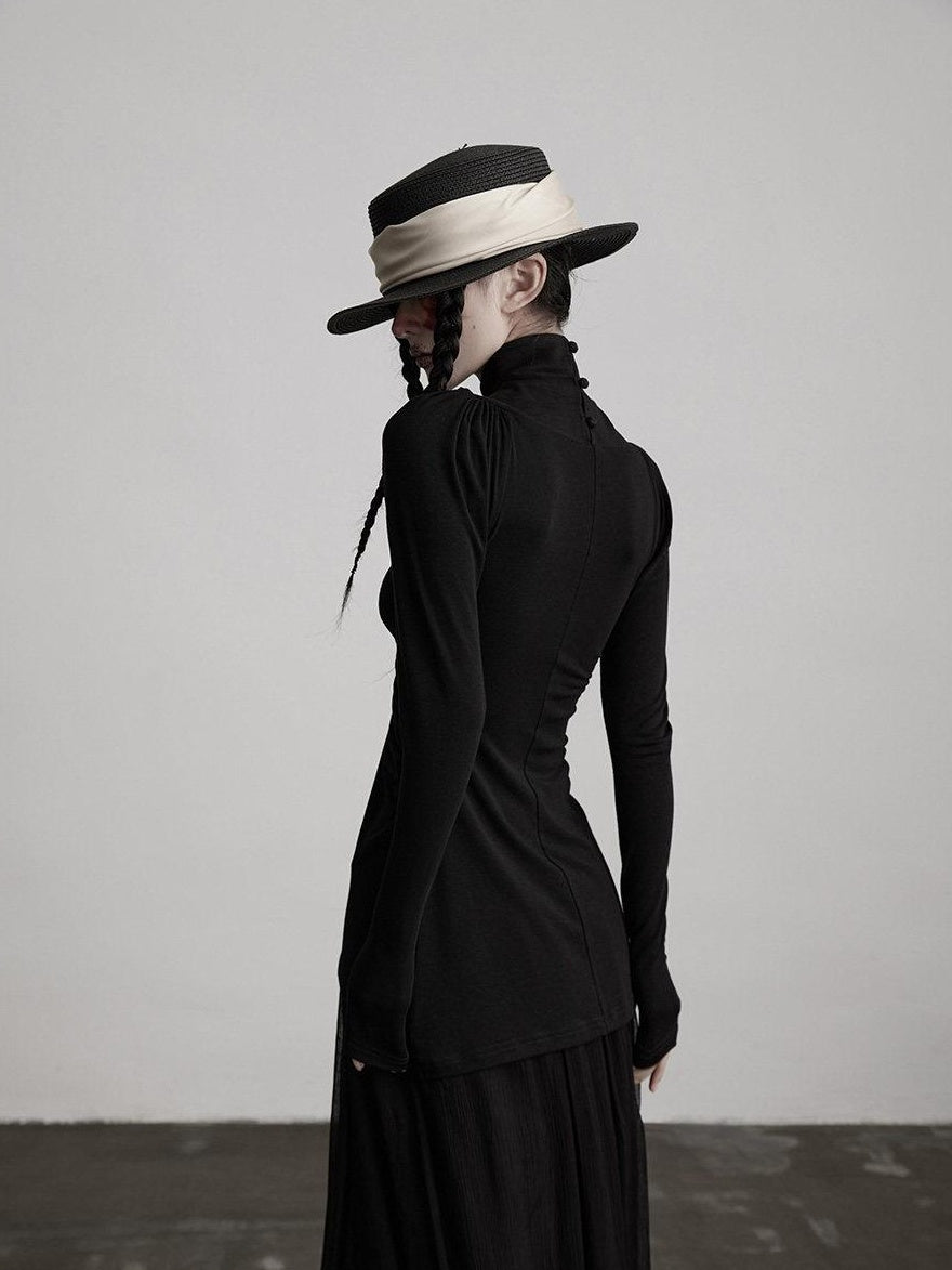 INDULGE Soft Modal Slim Asymmetric High Neck Princess Sleeve Black Long Sleeve T-Shirts