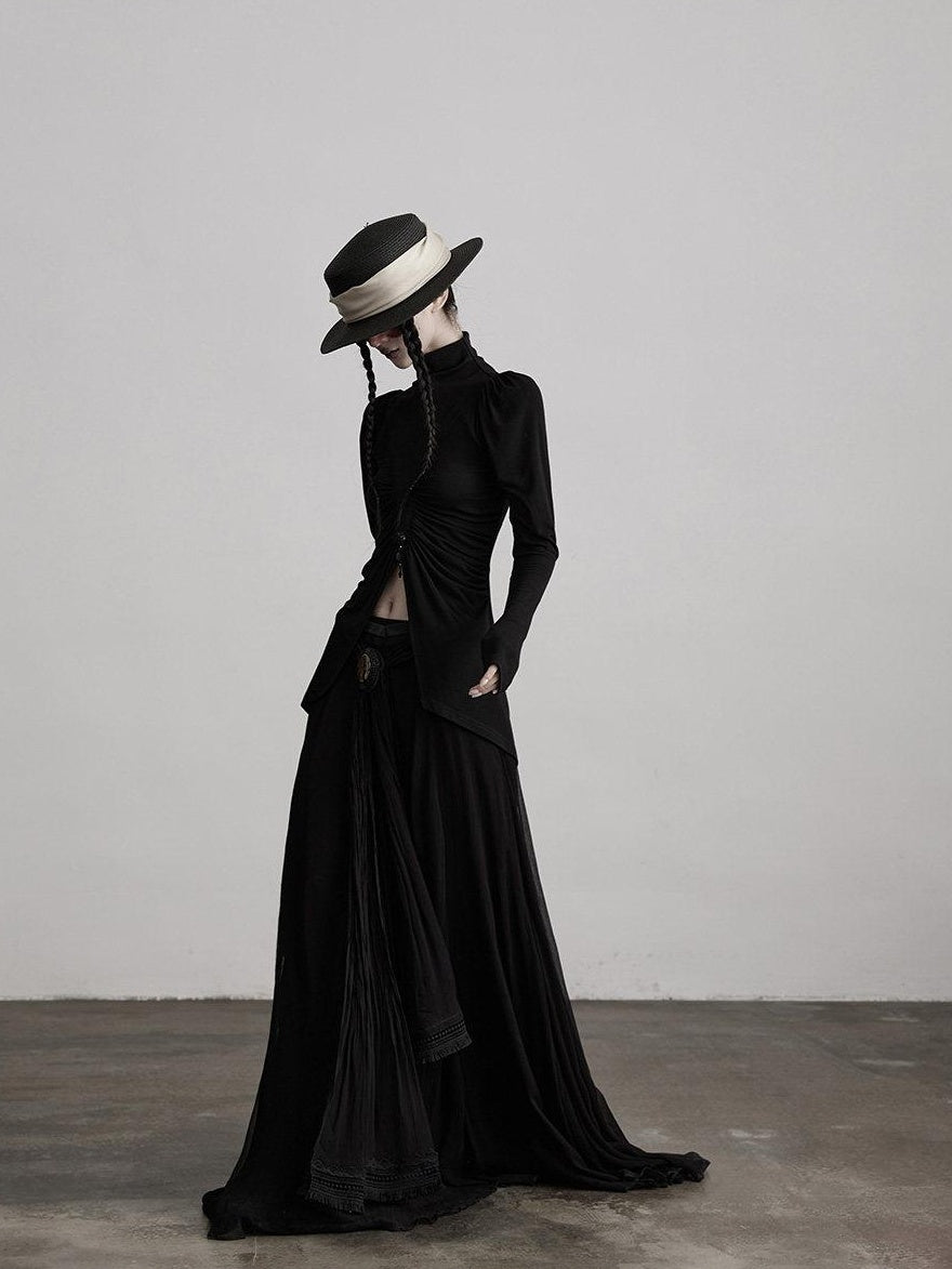 INDULGE Soft Modal Slim Asymmetric High Neck Princess Sleeve Black Long Sleeve T-Shirts