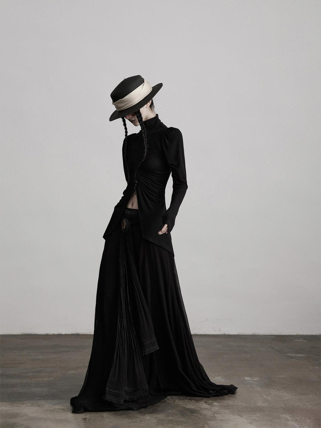 INDULGE Soft Modal Slim Asymmetric High Neck Princess Sleeve Black Long Sleeve T-Shirts