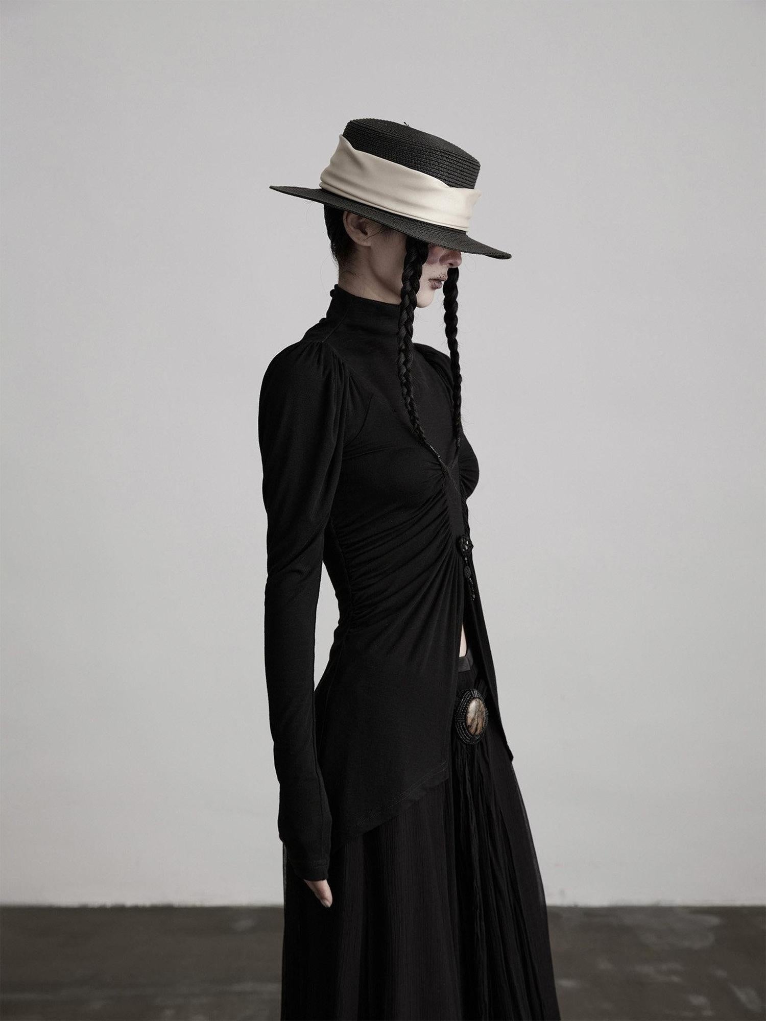 INDULGE Soft Modal Slim Asymmetric High Neck Princess Sleeve Black Long Sleeve T-Shirts