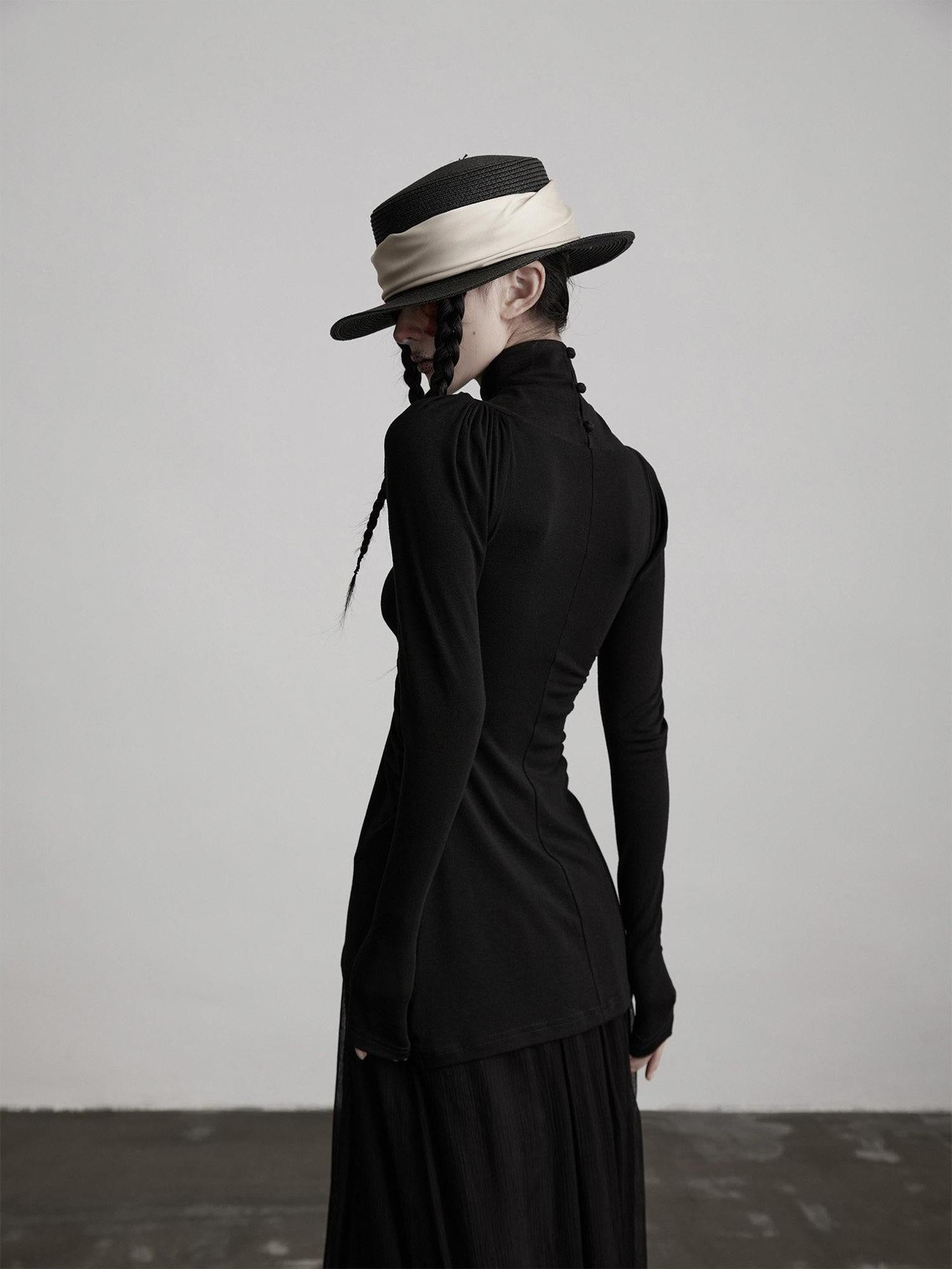 INDULGE Soft Modal Slim Asymmetric High Neck Princess Sleeve Black Long Sleeve T-Shirts