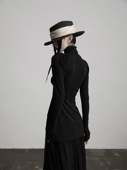 INDULGE Soft Modal Slim Asymmetric High Neck Princess Sleeve Black Long Sleeve T-Shirts