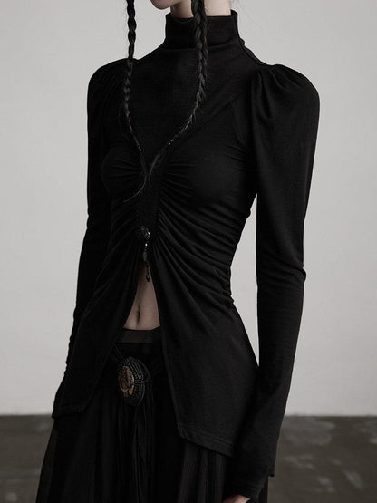INDULGE Soft Modal Slim Asymmetric High Neck Princess Sleeve Black Long Sleeve T-Shirts