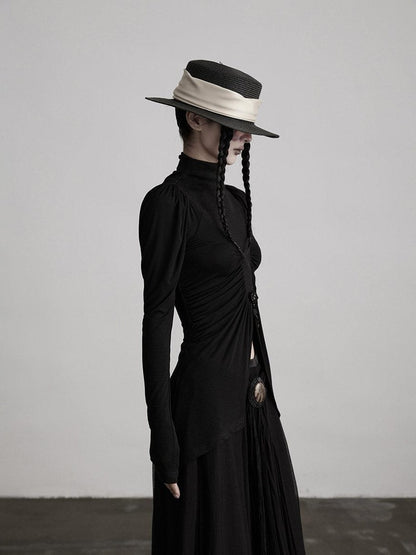 INDULGE Soft Modal Slim Asymmetric High Neck Princess Sleeve Black Long Sleeve T-Shirts