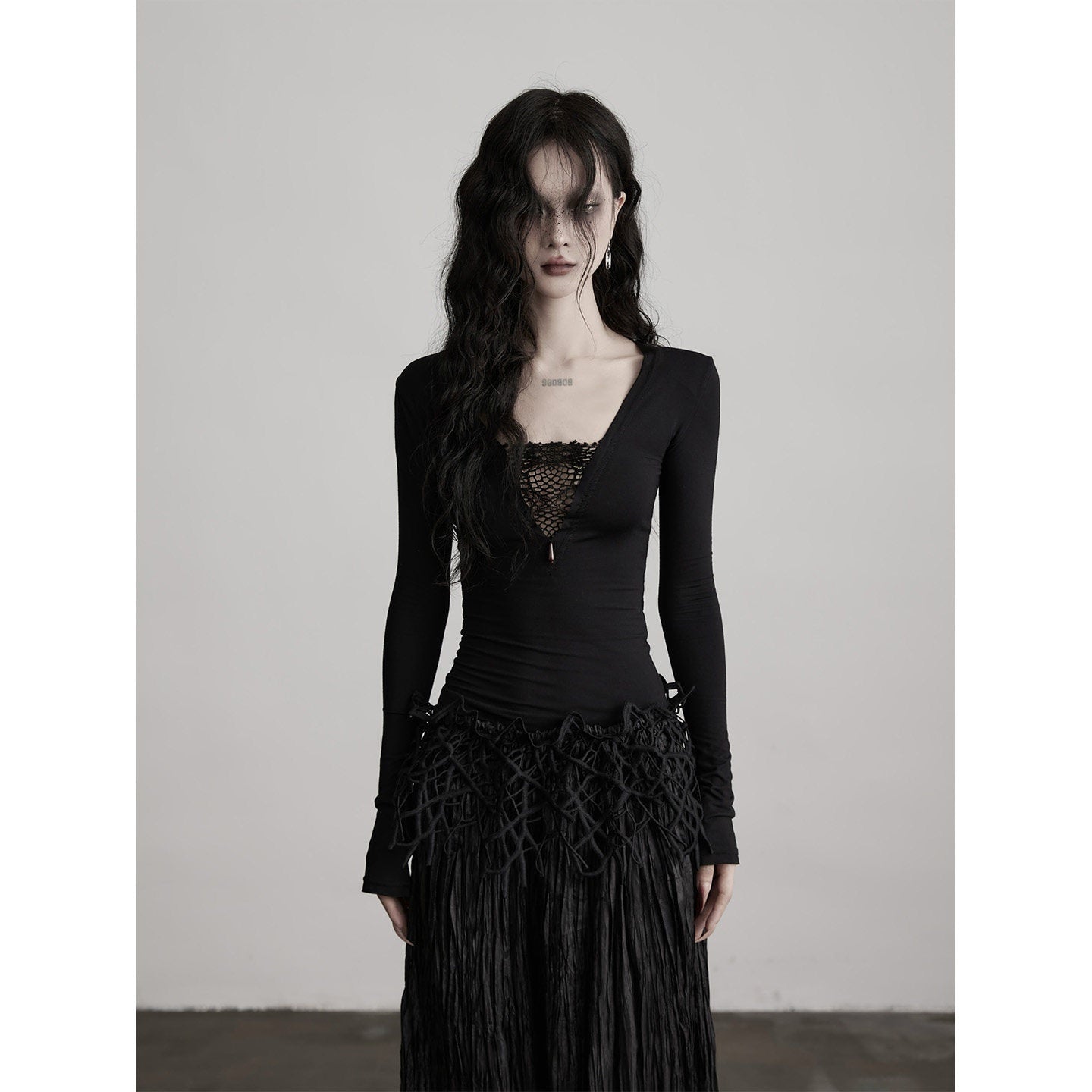 INDULGE Soft Modal Stretch Mesh V-neck Standard Fit Women Black Long Sleeve T-Shirts