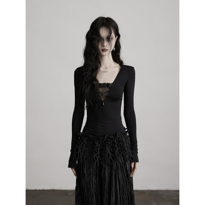 INDULGE Soft Modal Stretch Mesh V-neck Standard Fit Women Black Long Sleeve T-Shirts