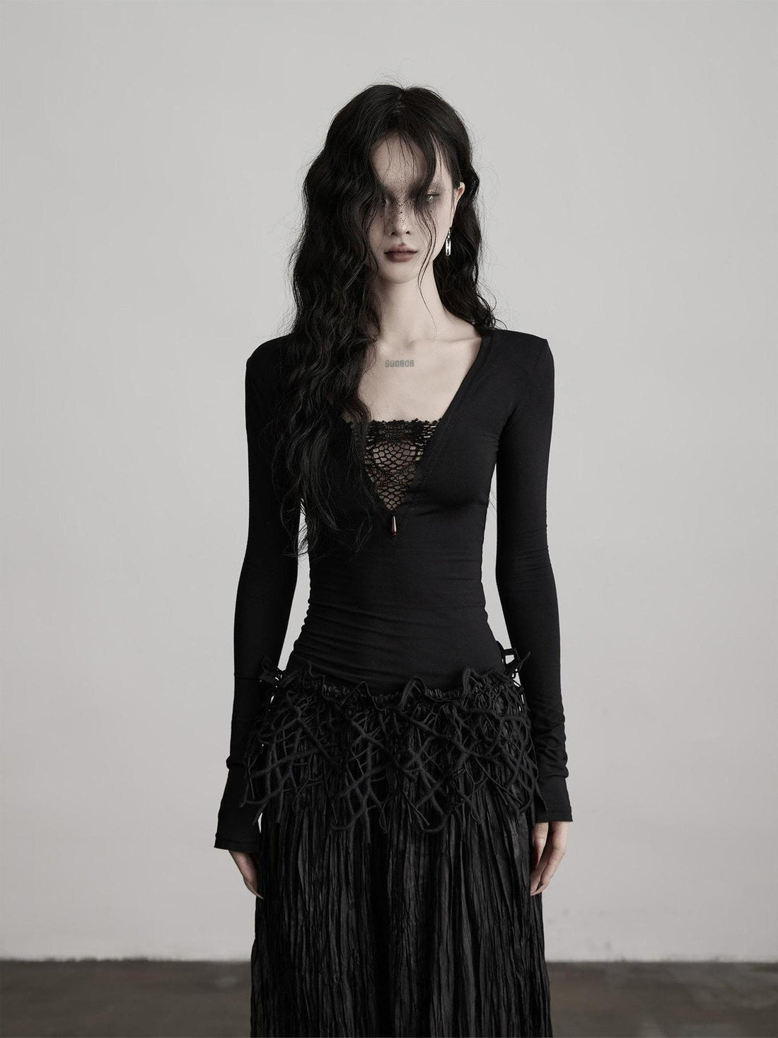 INDULGE Soft Modal Stretch Mesh V-neck Standard Fit Women Black Long Sleeve T-Shirts