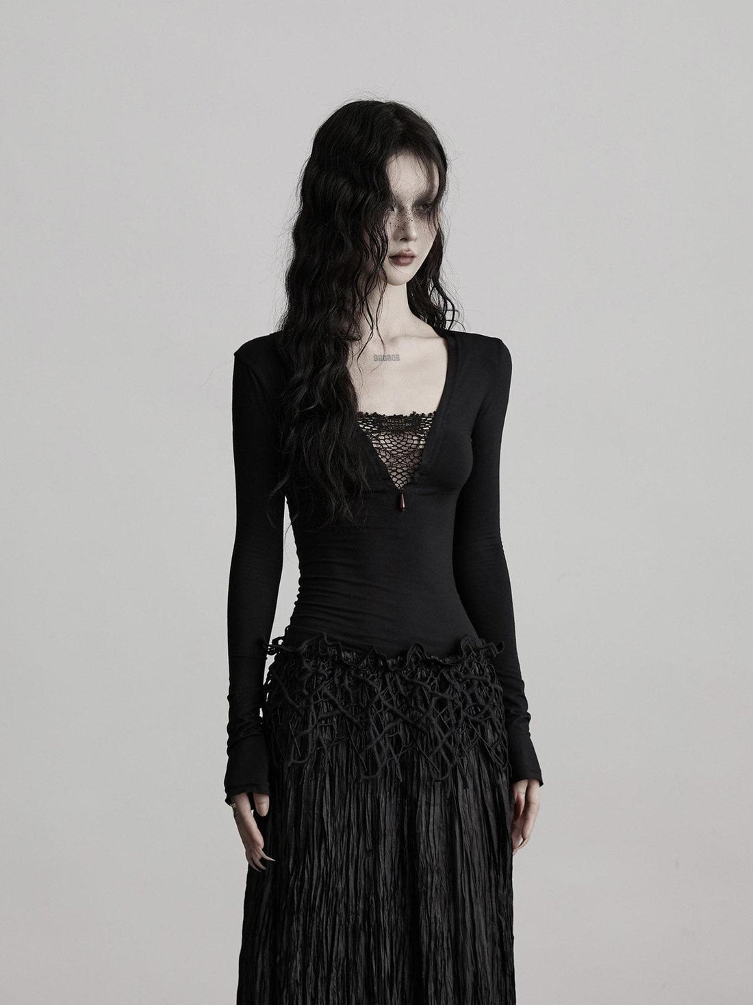 INDULGE Soft Modal V-neck Hollowout Slim Casual Knit Women Black Long Sleeve T-Shirts