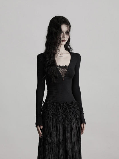 INDULGE Soft Modal V-neck Hollowout Slim Casual Knit Women Black Long Sleeve T-Shirts