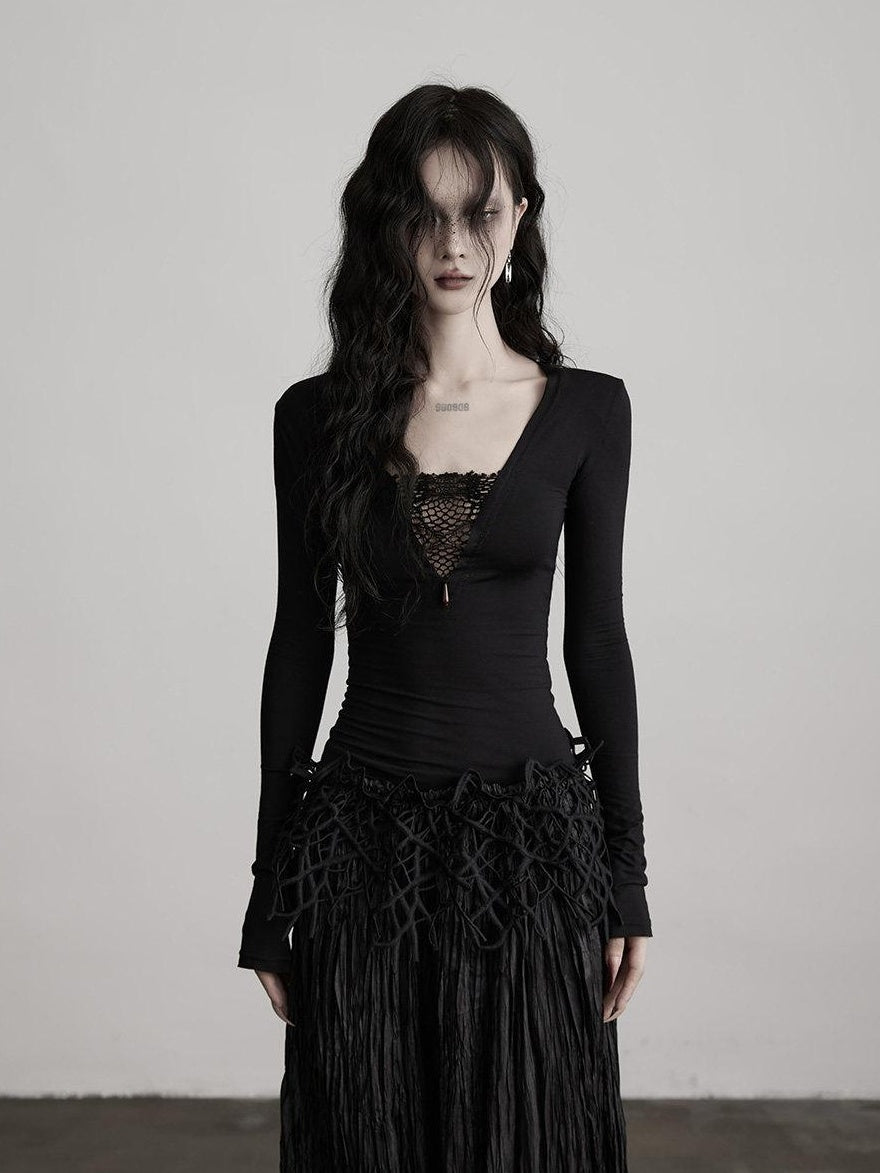 INDULGE Soft Modal V-neck Hollowout Slim Casual Knit Women Black Long Sleeve T-Shirts