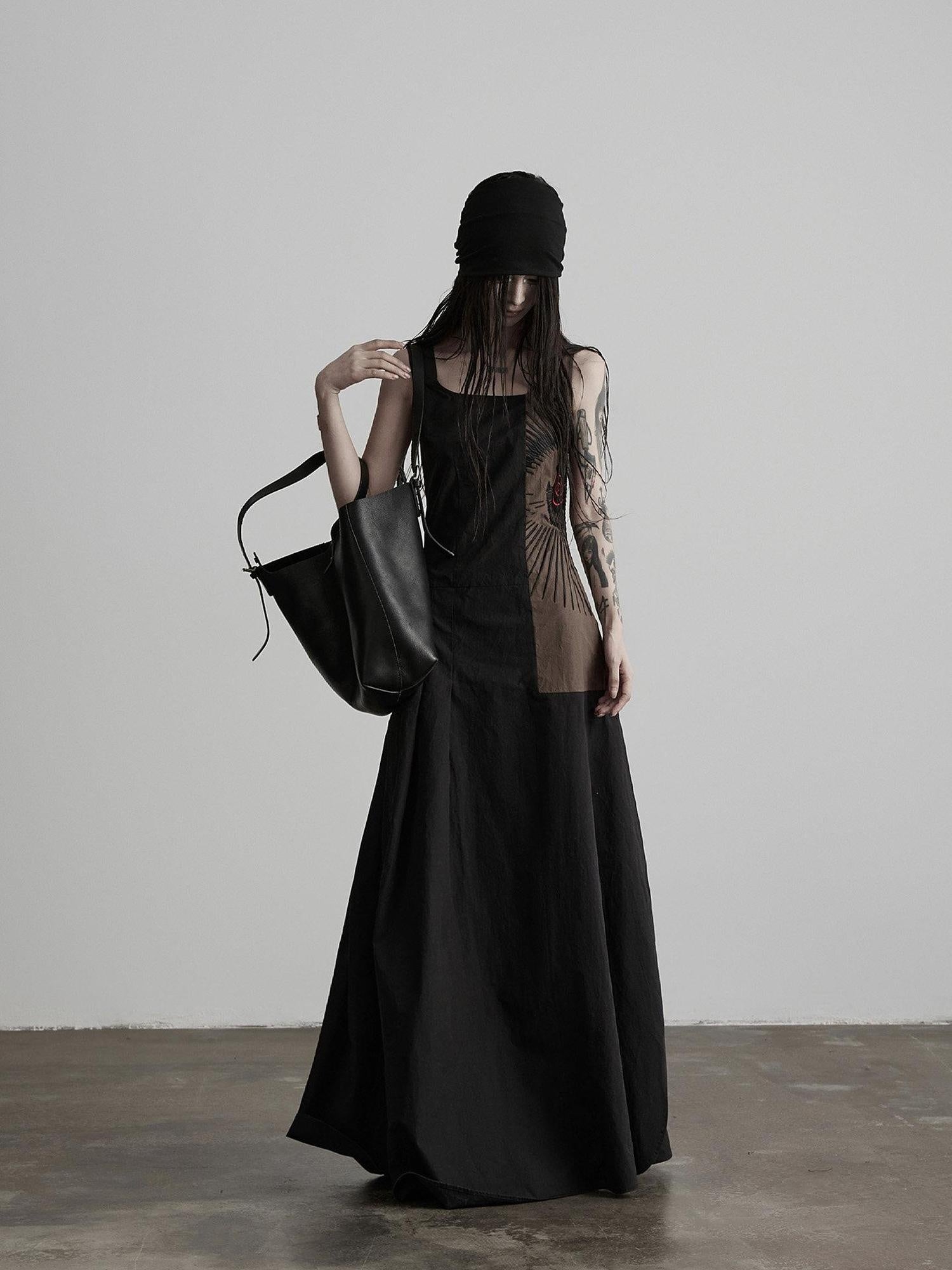 INDULGE Soft Pima Cotton Dark Gothic Embroidered A Line Square Neck Casual Maxi Dresses