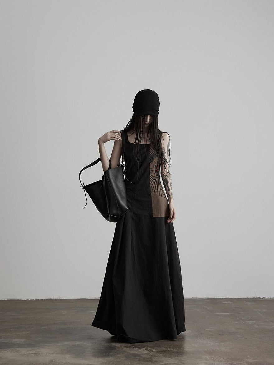 INDULGE Soft Pima Cotton Dark Gothic Embroidered A Line Square Neck Casual Maxi Dresses