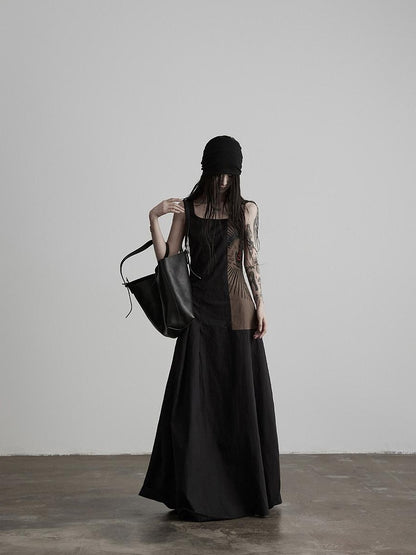 INDULGE Soft Pima Cotton Dark Gothic Embroidered A Line Square Neck Casual Maxi Dresses