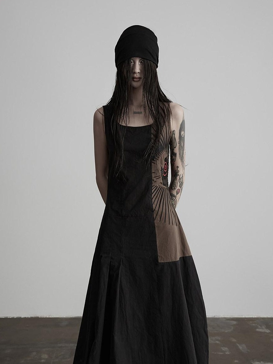 INDULGE Soft Pima Cotton Dark Gothic Embroidered A Line Square Neck Casual Maxi Dresses
