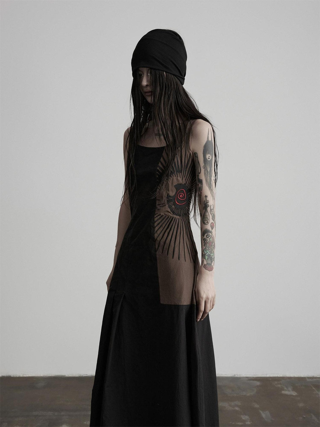 INDULGE Soft Pima Cotton Dark Gothic Embroidered A Line Square Neck Casual Maxi Dresses