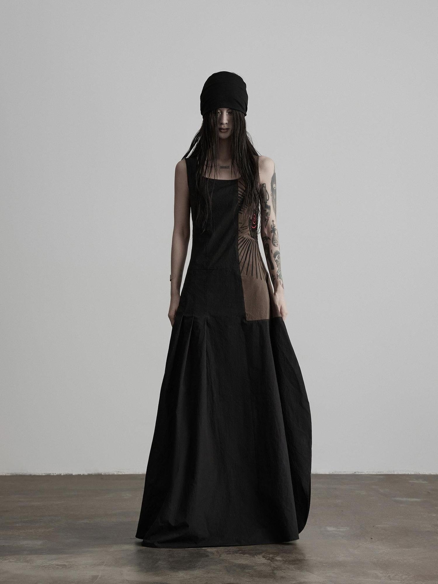 INDULGE Soft Pima Cotton Dark Gothic Embroidered A Line Square Neck Casual Maxi Dresses