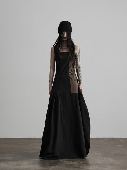 INDULGE Soft Pima Cotton Dark Gothic Embroidered A Line Square Neck Casual Maxi Dresses