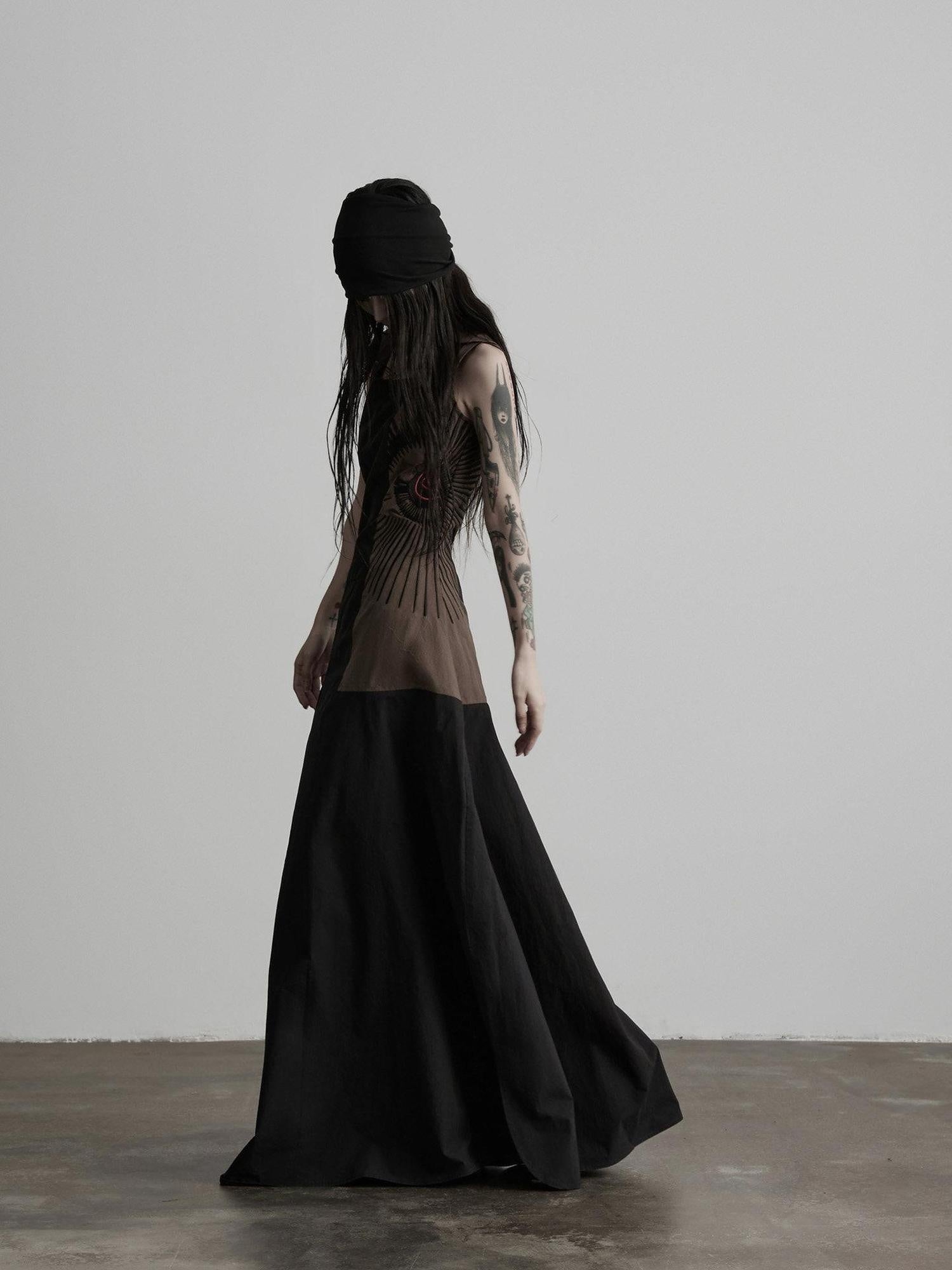 INDULGE Soft Pima Cotton Dark Gothic Embroidered A Line Square Neck Casual Maxi Dresses
