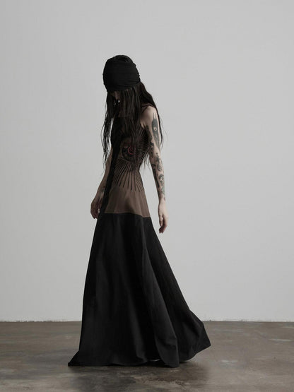 INDULGE Soft Pima Cotton Dark Gothic Embroidered A Line Square Neck Casual Maxi Dresses