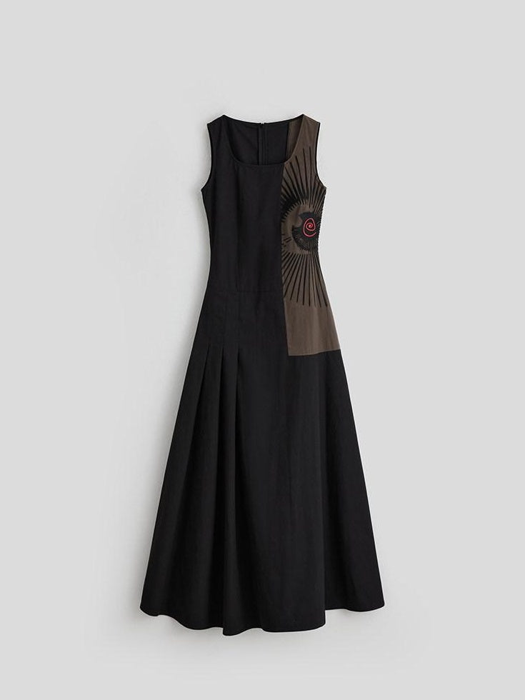 INDULGE Soft Pima Cotton Dark Gothic Embroidered A Line Square Neck Casual Maxi Dresses