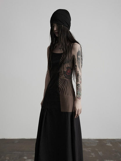 INDULGE Soft Pima Cotton Dark Gothic Embroidered A Line Square Neck Casual Maxi Dresses