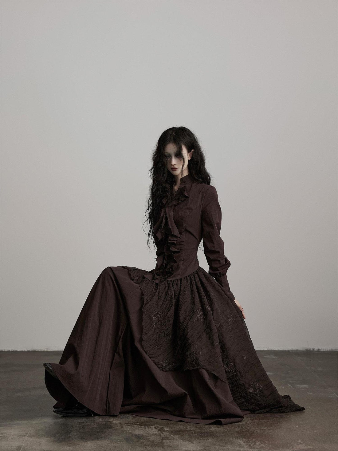 INDULGE Soft Ruffle Nordic A Line Long Sleeve Cotton Blend Women Casual Maxi Dresses